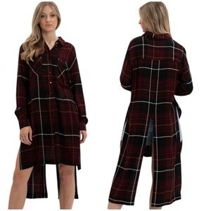 California Moonrise Boho Plaid Button Front Asymmetric Longline Shirt Medium Red